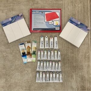 Art Supply Set Golden Heavy Body Paint Lot of 27 with Brushes, Canvas, Sta-Wet